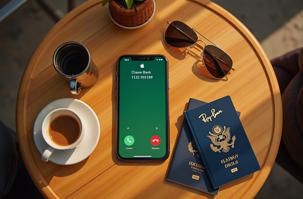 Phone showing incoming call from Chase Bank on cafe table with passport and espresso